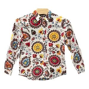 Luc Matton Mens XL Floral Suzani Print Button Up Shirt Cotton Linen Boho Cotton